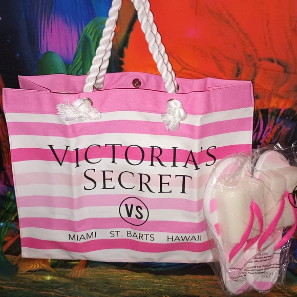 Victoria's Secret maima st barts Hawaii pink white stripe bag w flip flops - Picture 2 of 8